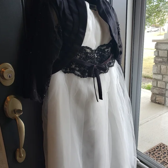 Gorgeous Tea-length Strapless Gown w/ Custom Matching Black Lacey Bolero Jacket - Picture 4 of 8